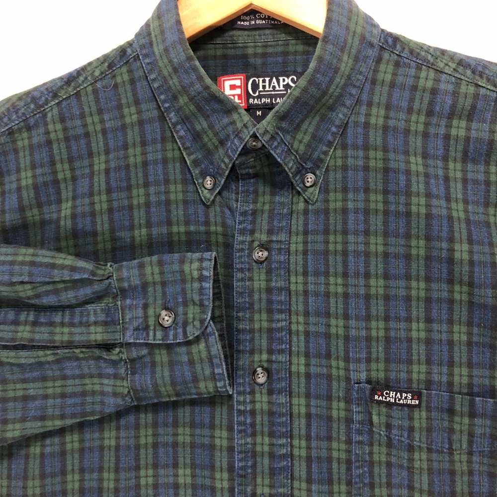 Vintage 90s Chaps Ralph Lauren Plaid Shirt‎ Mens Medium Green Blue Blackwatch